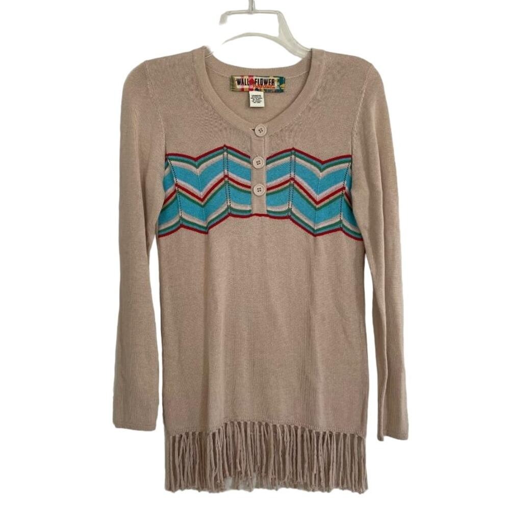 Wall Flower Vintage Collection Beige Chevron Fringe Sweater Tunic Top Boho Med